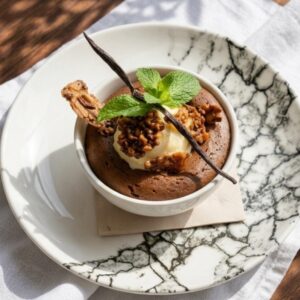 Mi-cuit au chocolat, coulis fruits rouges