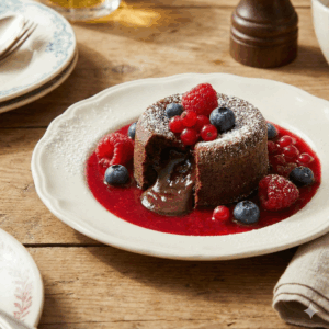 Mi-cuit au chocolat, coulis fruits rouges