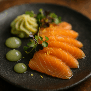 Gravlax de saumon, gel pomme citron et mousseline de céleri