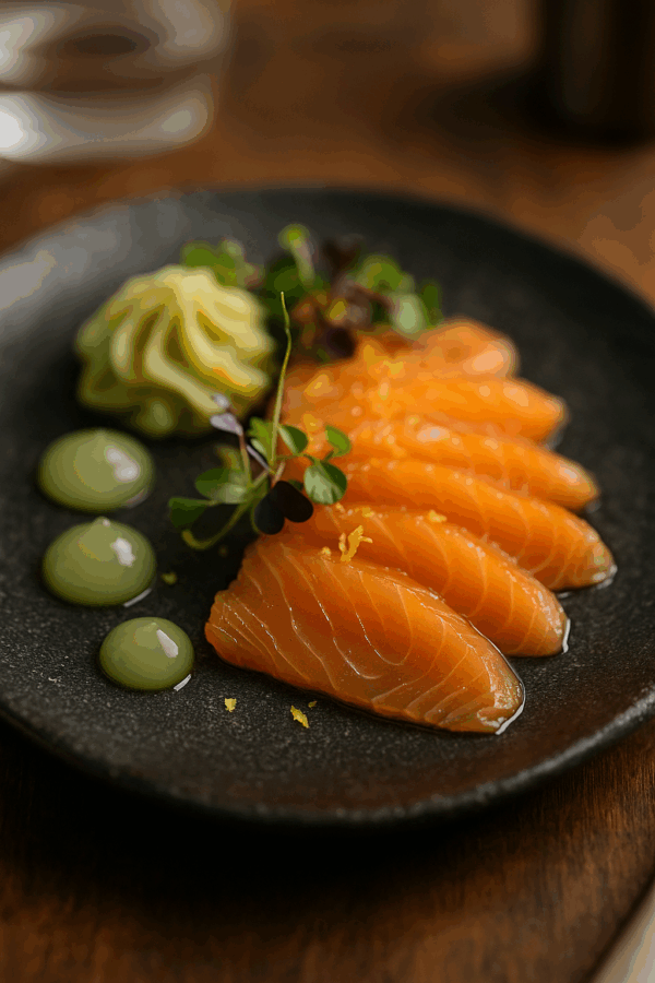 Gravlax de saumon, gel pomme citron et mousseline de céleri