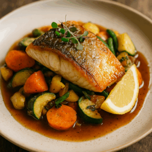 Poisson du marché, poêlée de légumes et sauce gourmande