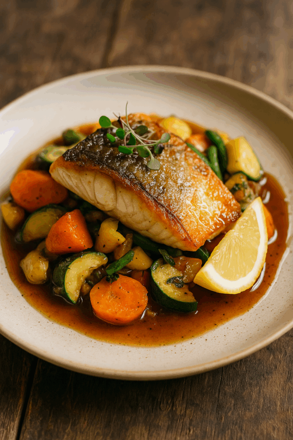 Poisson du marché, poêlée de légumes et sauce gourmande