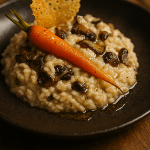 Risotto crémeux champignons des bois, tuile de parmesan et huile de truffe