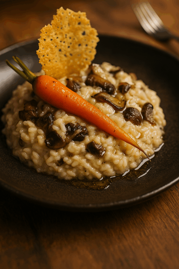 Risotto crémeux champignons des bois, tuile de parmesan et huile de truffe