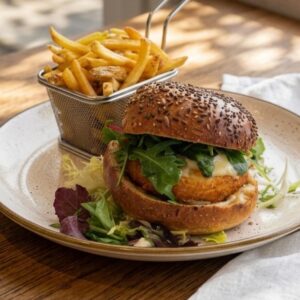 Burger biquette végétarien, frites maison