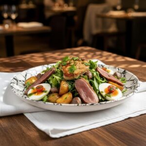 Salade périgourdine (pommes de terre, gésiers, magret fumé, foie gras, œufs)