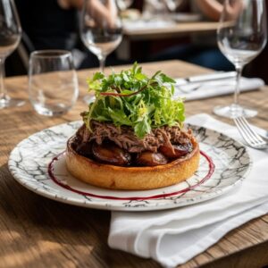 Tatin d'échalotes confites au vin rouge, effiloché de bœuf, salade d'herbes